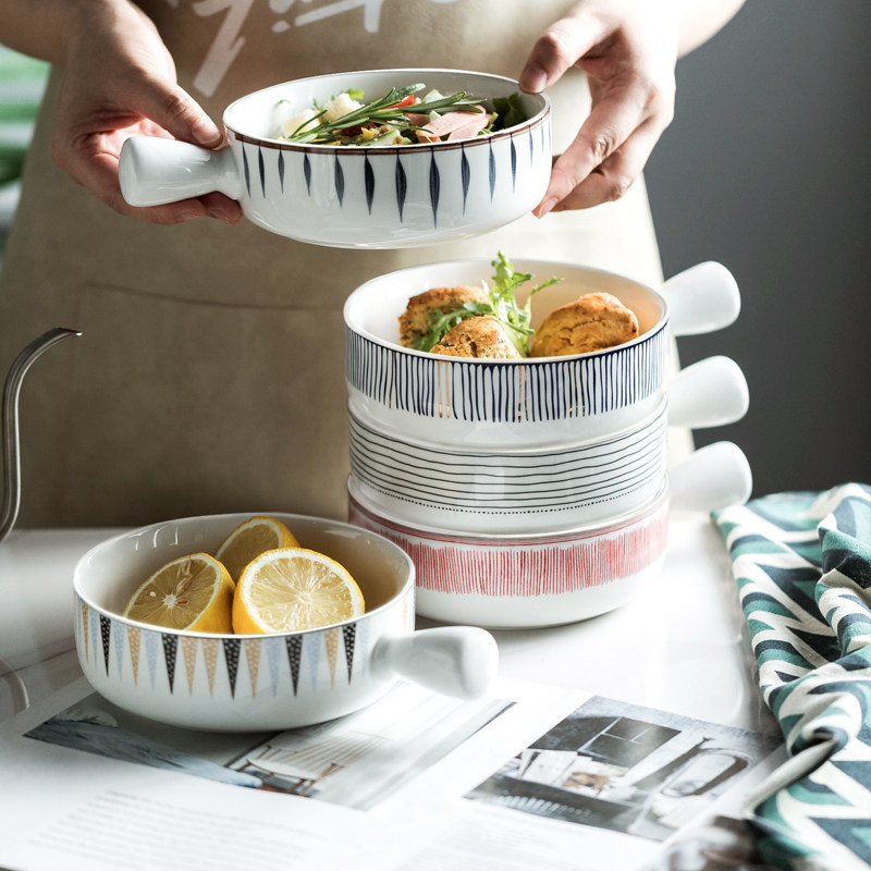 Handle Bowl Baking Rice Bowl with Home Ceramics Creative Microwave Oven Single 6 Inch Dorm Foam Noodles Bowl Han Prints