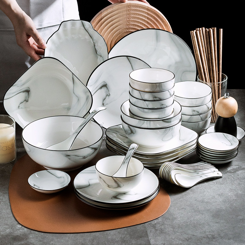 Nordic Wind Dishes Bowl Set Household Red Marble Simple Bowl Creative Combination Dish Dish Dish