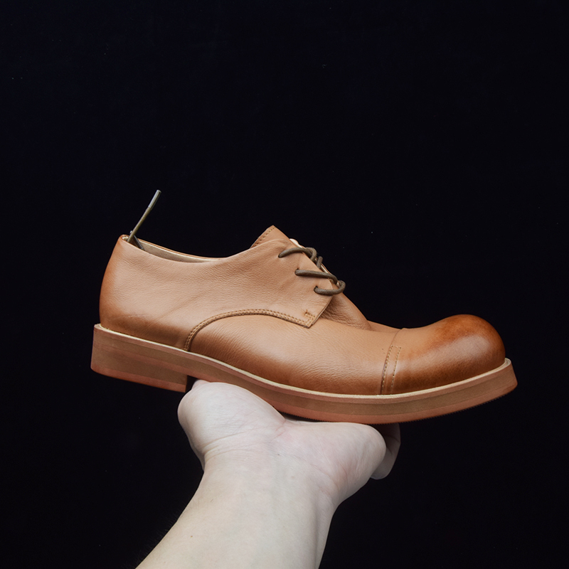 Men's Shoes, Three-Joint, Brown and White Genuine Leather, Japanese Retro, Large Size, Workwear, Raised Toe, Breathable, Wasteland Style, Derby Designer