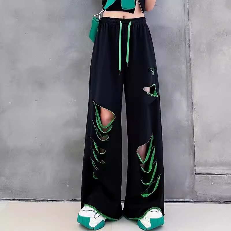 Plus-Size Women's New Summer Style Ripped Pants 150kg Thin Cool Hip-Hop Straight Wide-Leg Casual Pants for Women Plus-Size Women's New Summer Style Ripped Pants 150kg Thin Cool Hip-Hop Straight Wide-Leg Casual Pants for Women