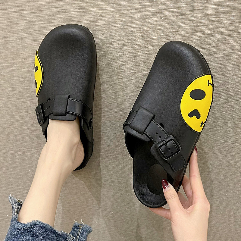 Baotou Half-Slippers for Women in Summer, Cute Cartoon Smiling Face, Casual Student Home Wear, Non-Slip Flat-Soled Beach Sandals
