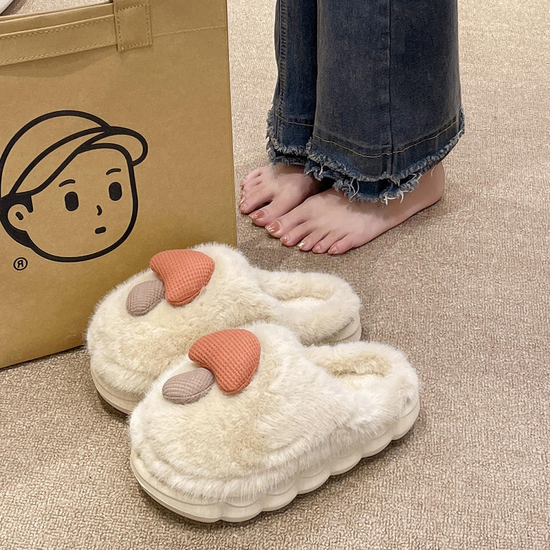 Cute mushroom cotton slippers female 2023 new winter plush warm non-slip thick bottom room Home Baotou slippers-Taobao