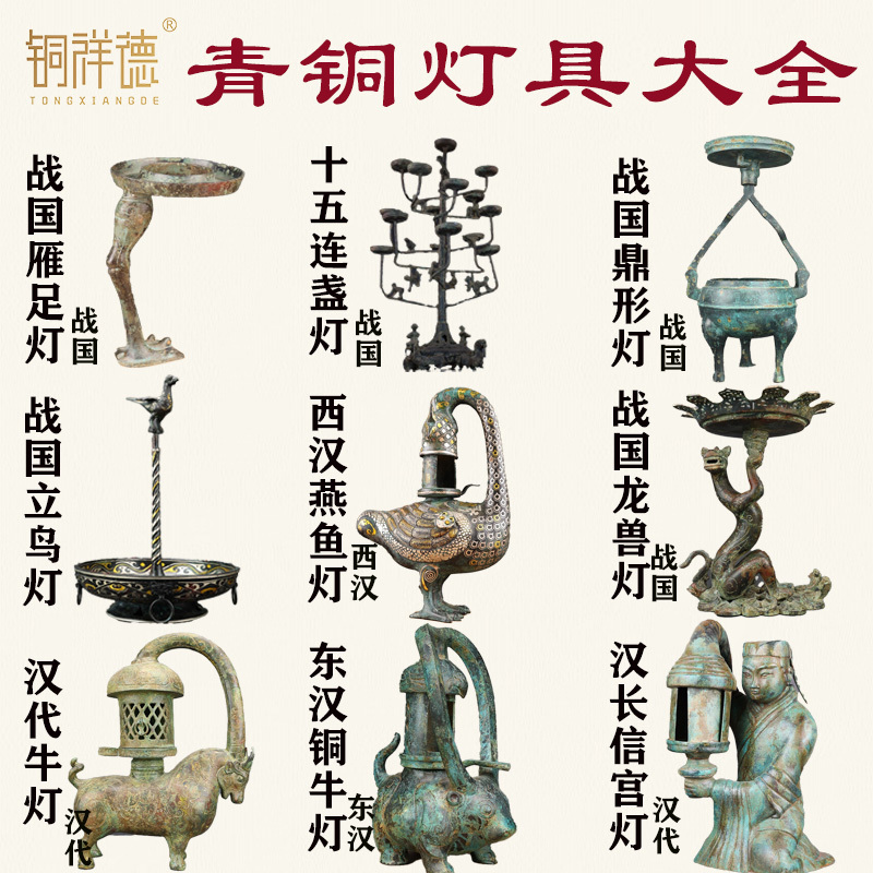 A Complete Collection of Ancient Bronze Lamps: Yanzulamp, Yanfushlamp, Tripod-Shaped Lamp, Changxin Palace Lamp, Copper Ox Lamp, Standing Bird and Tiger Lamp