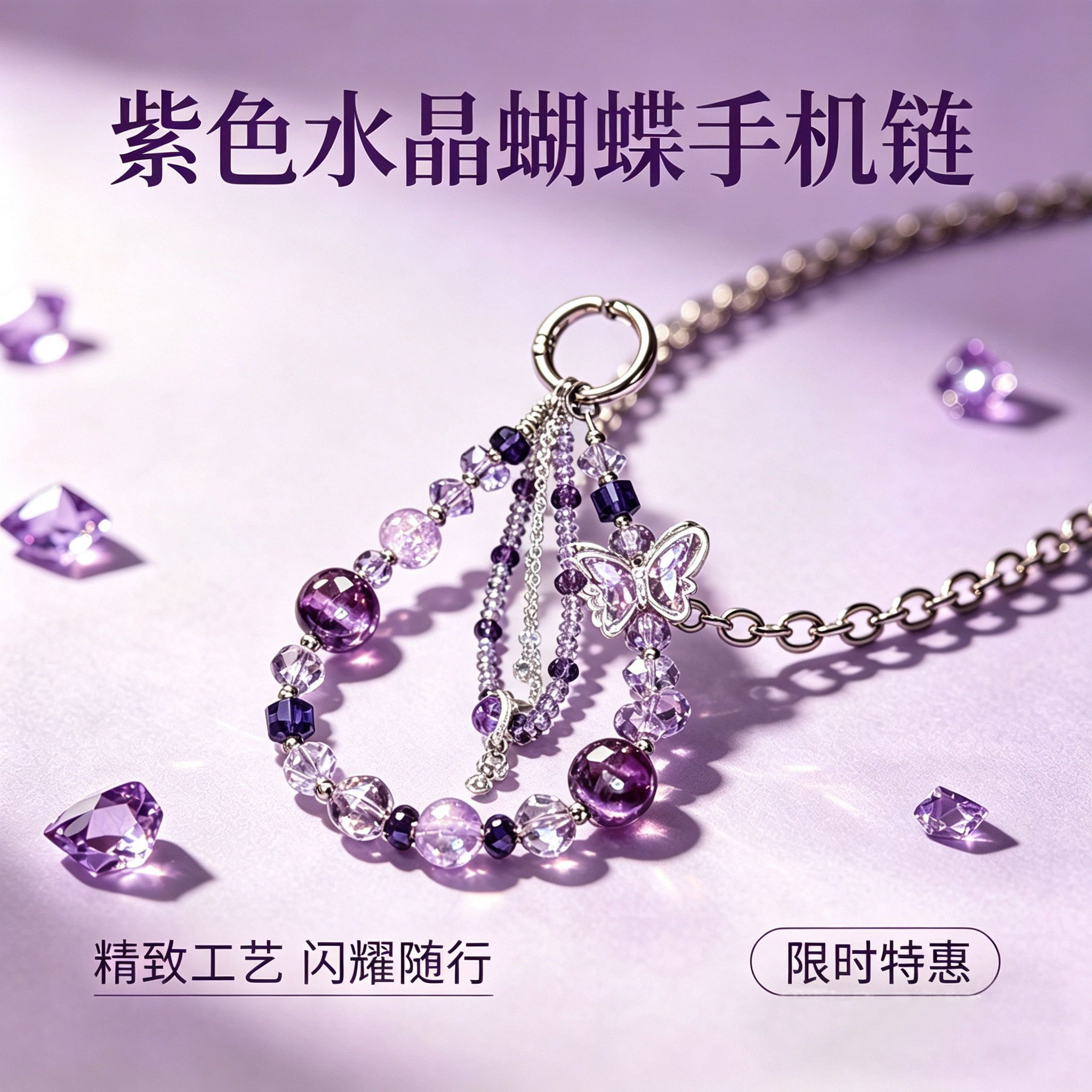 【Zhuangzi's Dream of a Butterfly】Luxury Purple Butterfly Rhinestone Phone Lanyard - High-End Couple Butterfly Dream Phone Accessory