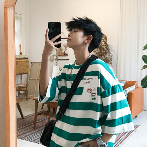 Striped short-sleeved men's Korean version of the trendy all-match tide brand student half-sleeved T-shirt cec super hot loose youth clothes