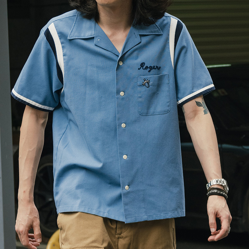 Non Stock Retro Bowling Short-Sleeve Shirt with Ribbed Cuffs, Cuban Collar, Casual Embroidered Blended Sports Shirt