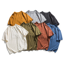  oversize Chiguji retro heavy cotton T-shirt click wild solid color round neck short-sleeved national tide men and women