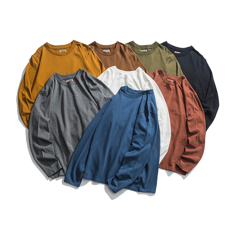 2020 spring American retro heavy cotton solid color long sleeve T-shirt Japanese loose round neck base T-shirt Men's and women's fashion brand
