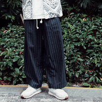  ReticleMade Japanese retro loose straight cotton and linen wide-leg pants nine-point elastic pants men Ami kachi