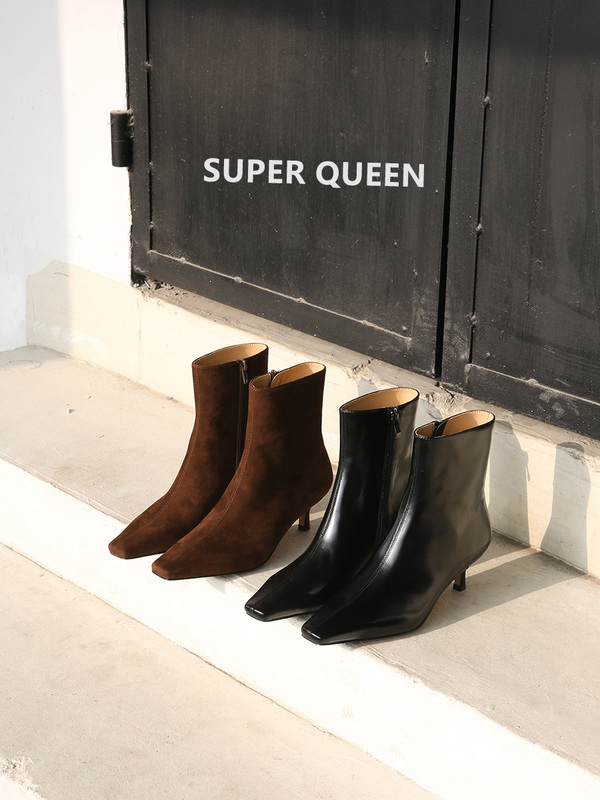 Superqueen Minimalist Square-Toe Sheepskin Cat Heel Ankle Boots Thin Heel High Heel Ankle Boots Fashionable Fashion Boots