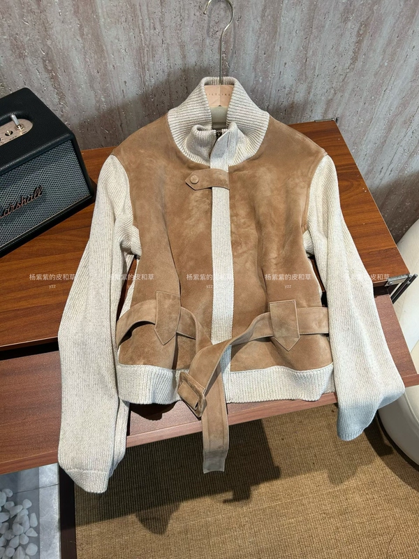 Original African Imported Genuine Leather Mixed Sheepskin Clothing with Wool Knit Patchwork, Stand Collar, Belt, Short Style, Autumn High-End Version Original African Imported Genuine Leather Mixed Sheepskin Clothing with Wool Knit Patchwork, Stand Collar, Belt, Short Style, Autumn High-End Version