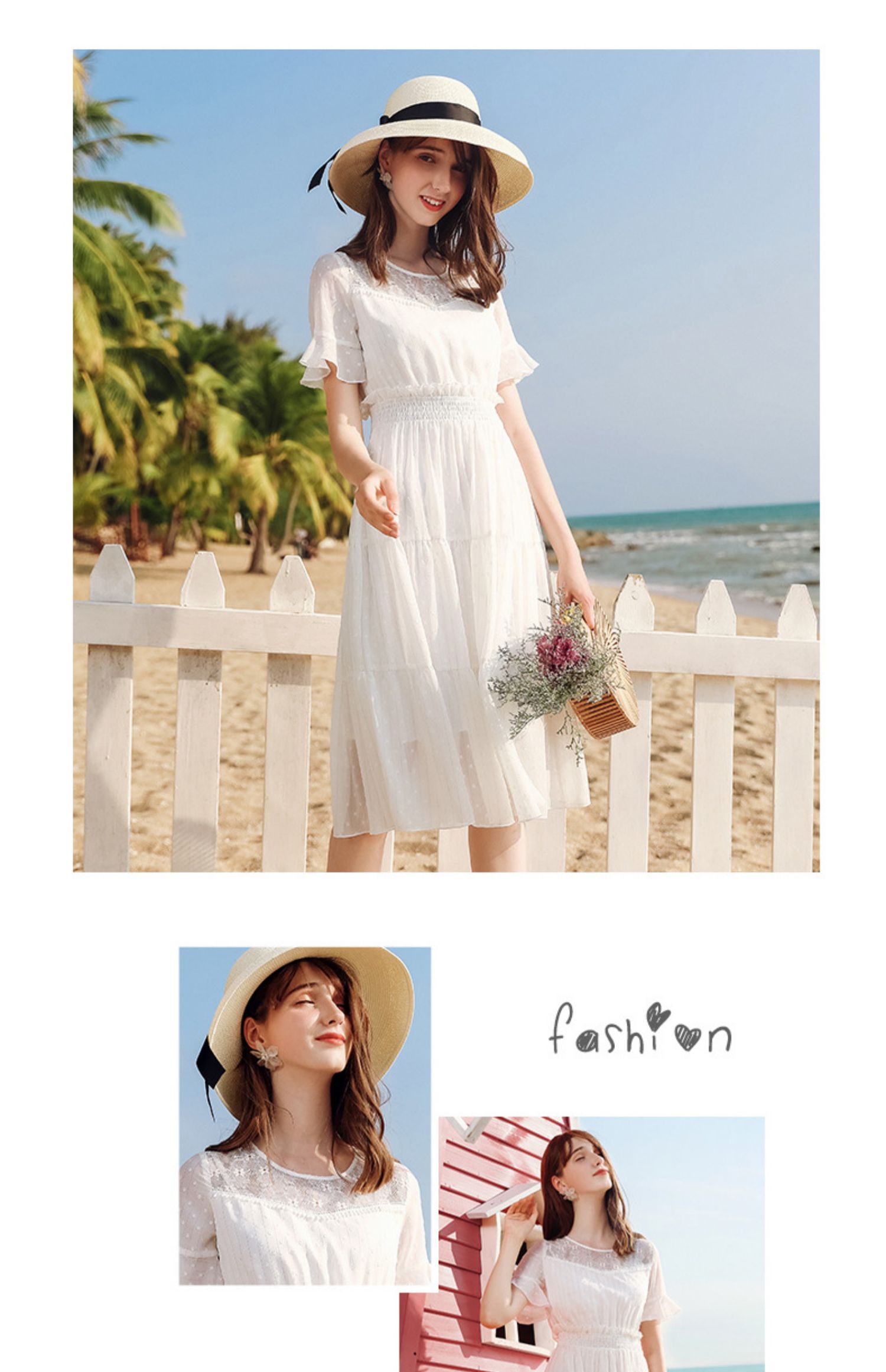 [Brand Street] xuất bản Philippines 2019 hè mới vòng cổ sóng khâu nữ mỏng manh Đầm voan chữ A - A-Line Váy mẫu đầm xòe