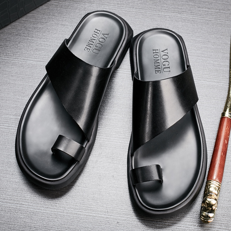 Men's Summer Flip-Flops, Genuine Leather Sandals, Korean Style, Unique Thick-Soled Non-Slip Slippers, Trendy Slip-Ons for Men