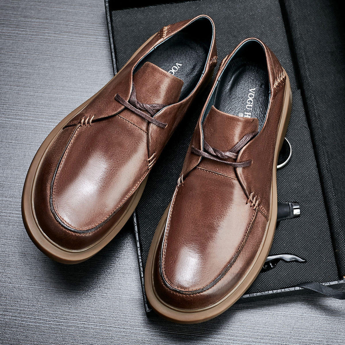 European and American top layer real cowhide work shoes men's thick bottom round toe lace up business casual leather shoes big toe shoes trendy all-match