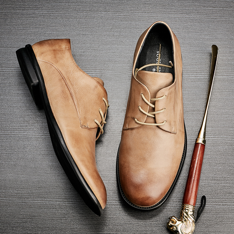 Men's Spring Korean Business Casual Shoes Dress Shoes Leather Round Toe Lace-Up Flat Shoes Men's Breathable Shoes