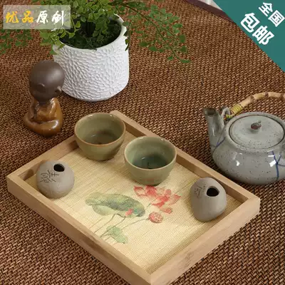 Bamboo Kung Fu tea set Simple tea tray Household engraving font printing Bamboo tray Special offer small tea table storage tray
