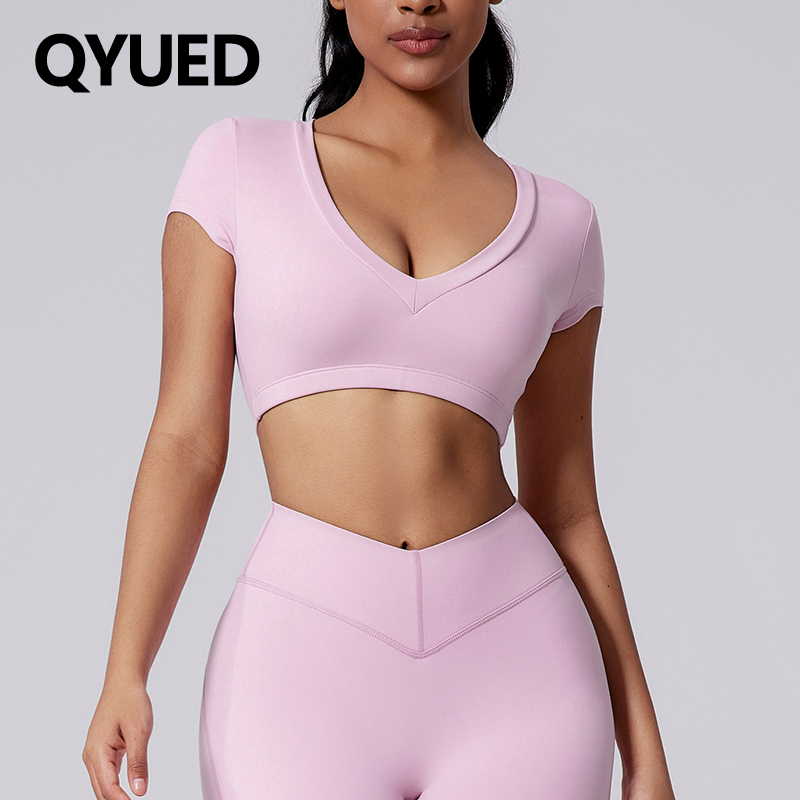 Short Elastic Tight-Fitting Yoga Clothes for Women, Short-Sleeved T-Shirt with Exposed Navel, Sexy Deep V Back, Cut Out Waist, Sports Fitness Clothes