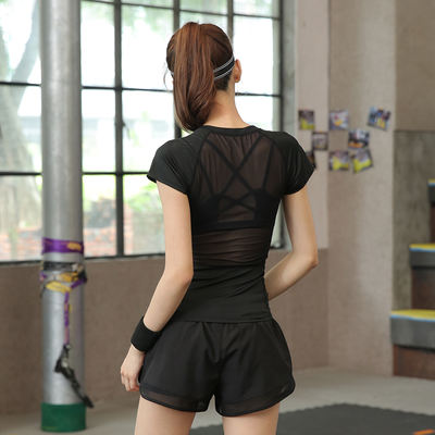 Summer new fitness wear top, women's T-shirt, quick-drying tight stretch mesh lace sexy sports short-sleeved T-shirt