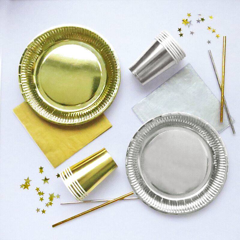 Golden Silver disposable tableware New Year Events Adult Birthday party Decorative Paper Tray Paper Cups Paper Cups Paper Cups