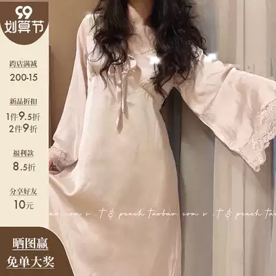 (S T) Ulysses court nightgown thin long sleeve silk sexy lace-up bow retro home wear