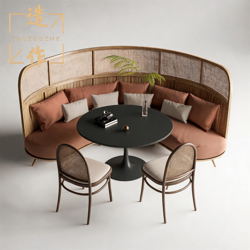 Wabi-Sabi Style Rattan High-Back Curved Sofa Set for Hotel, Cafe, Tea House, Reception, and Leisure Seating Wabi-Sabi Style Rattan High-Back Curved Sofa Set for Hotel, Cafe, Tea House, Reception, and Leisure Seating