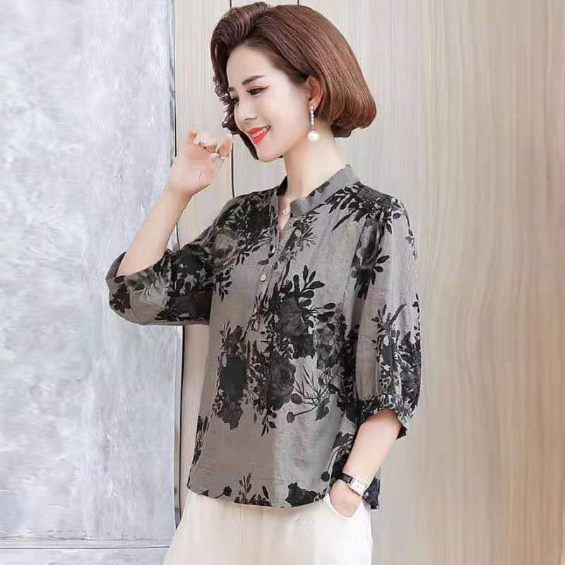 Summer Cotton and Linen Mom-Style Trendy T-Shirt Fashion Women's Clothing Half-Sleeve Top for Middle-Aged and Elderly Women Elegant Shirt
