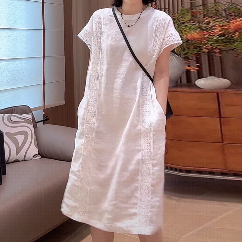 White Cotton and Linen Short-Sleeved Dress for Women, 2026 Summer New Style, Lazy and Cool Silk-Like T-Shirt, Fashionable and Elegant Long Dress White Cotton and Linen Short-Sleeved Dress for Women, 2026 Summer New Style, Lazy and Cool Silk-Like T-Shirt, Fashionable and Elegant Long Dress