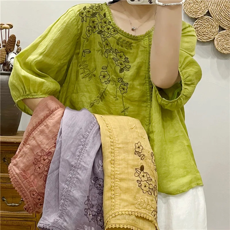 100 High-End Ramie Embroidered Thin T-Shirts for Women, Artistic Shirts, Loose Round Neck Lace-Trimmed Pullover Tops 100 High-End Ramie Embroidered Thin T-Shirts for Women, Artistic Shirts, Loose Round Neck Lace-Trimmed Pullover Tops