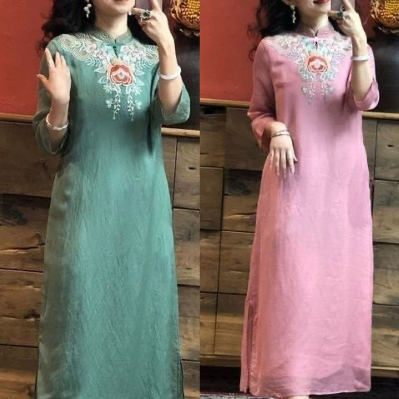 Original Cotton and Linen Embroidered Long Dress, Elegant Summer Dress, 2024 New Chinese-Style Retro Dress, Mid-Length Cheongsam