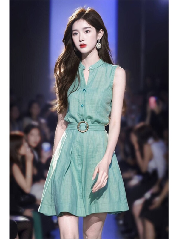 Outlet Discount French High-End Exquisite Niche Design Elegant and Sophisticated Mature Style Green Sleeveless Dress