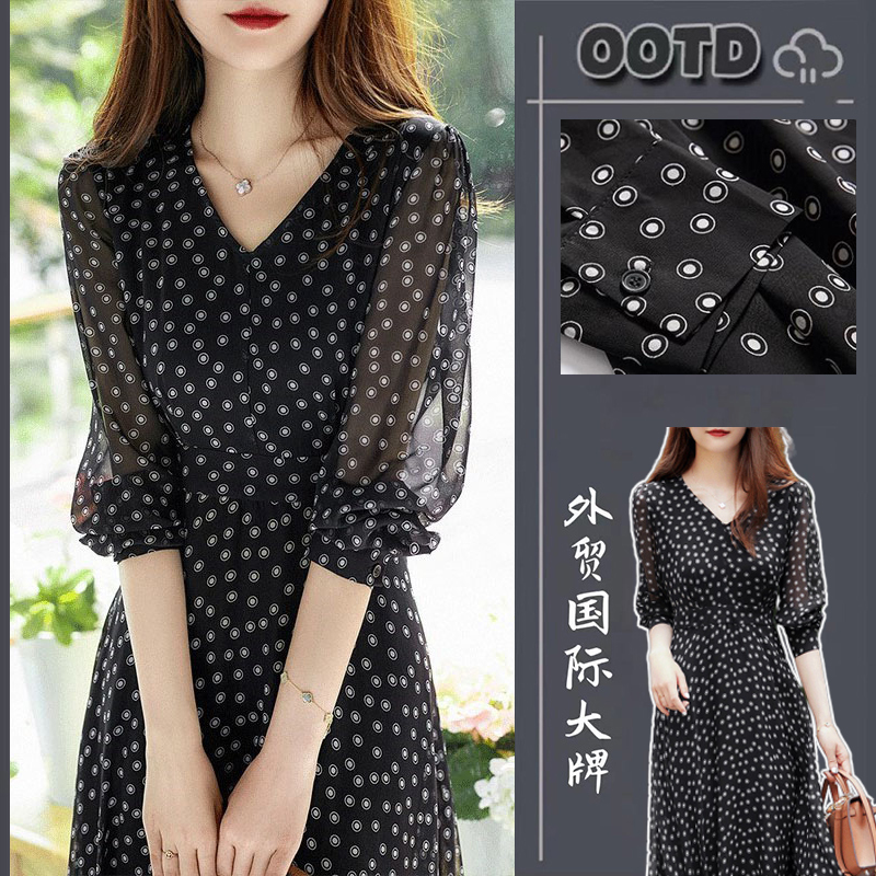 Foreign trade tail luxury international big name withdrawal cabinet mall cutting label women's high -end temperament chiffon wave dot dress summer