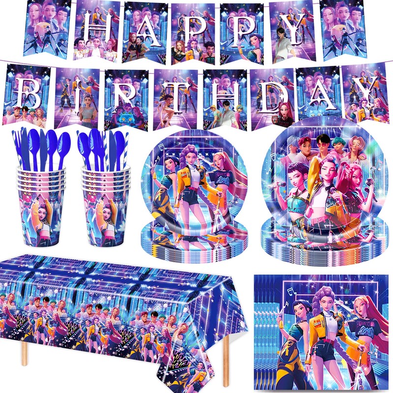 Animation K-Pop Hunter Girl Group Themed Girl's Birthday Party Disposable Tablecloth Paper Plates Flag Tableware Supplies