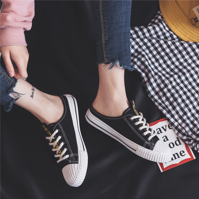 2018 mùa hè màu đen và trắng giày vải nữ sinh viên Hàn Quốc phiên bản của Harajuku ulzzang nửa dép siêu lửa ins1992 giày giầy mọi nữ