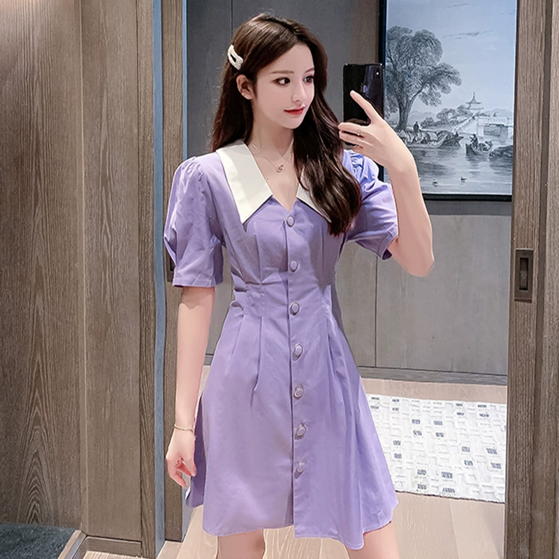 Mùa hè năm 2020 khí pháp mới áo sơ mi váy ve áo một đường eo mảnh mai giảm béo váy ngắn tay quần áo phụ nữ - A-Line Váy