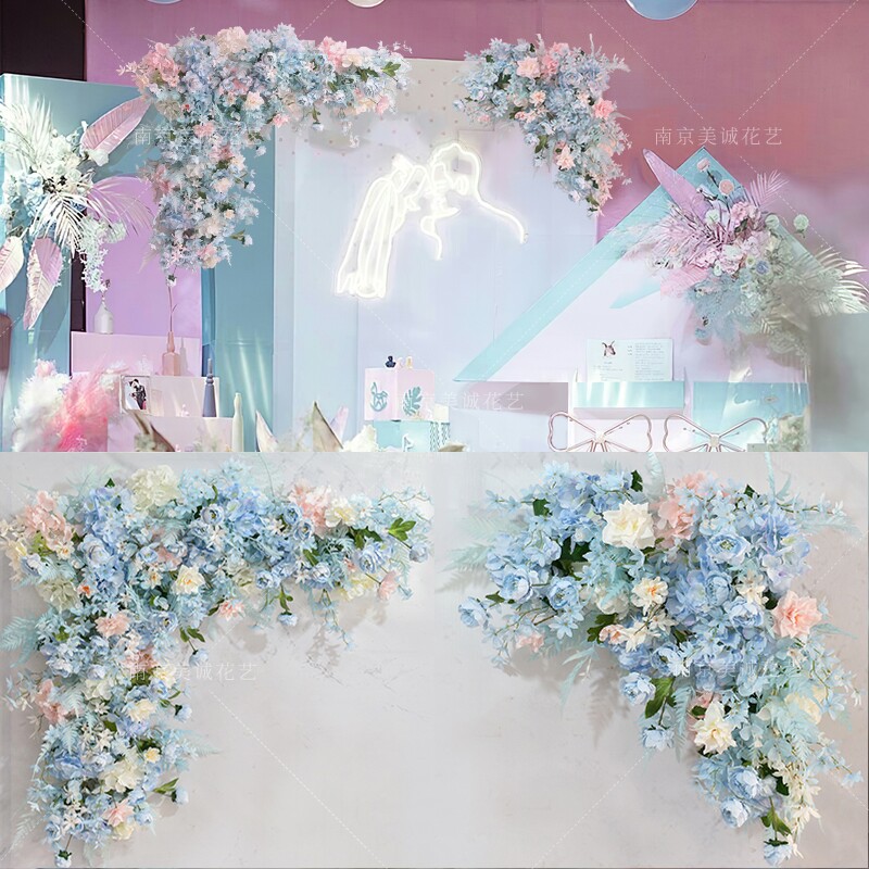 New wedding simulation flower simulation blue scene hotel wedding setting flower wall decoration window live wire