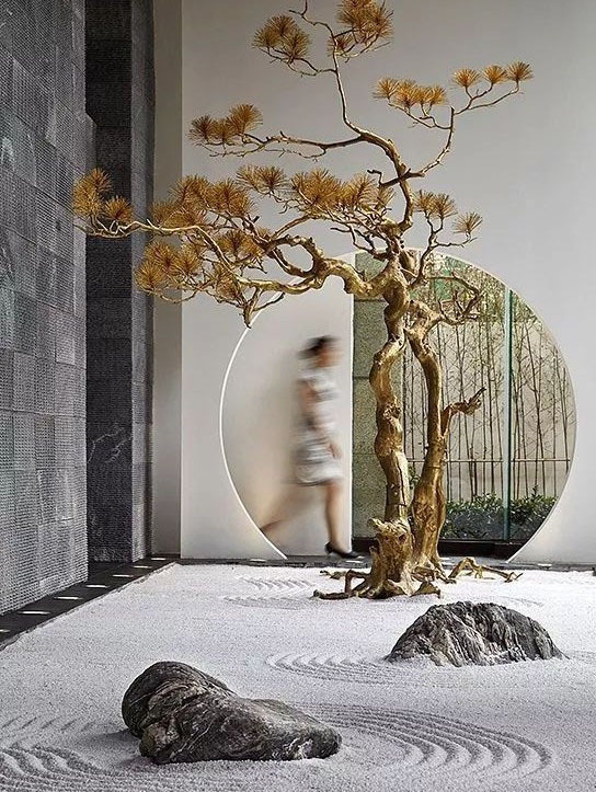 Chinese-Style Artificial Tree, Golden Welcoming Pine Tree Design, Large Indoor Tree, Large-Scale Arborvitae, Floor-Standing, for Sales Offices and Shopping Malls