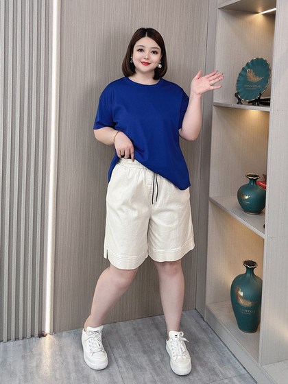 大码女装夏季水洗棉短裤女胖mm宽松显瘦高腰阔腿裤休闲凉爽五分裤