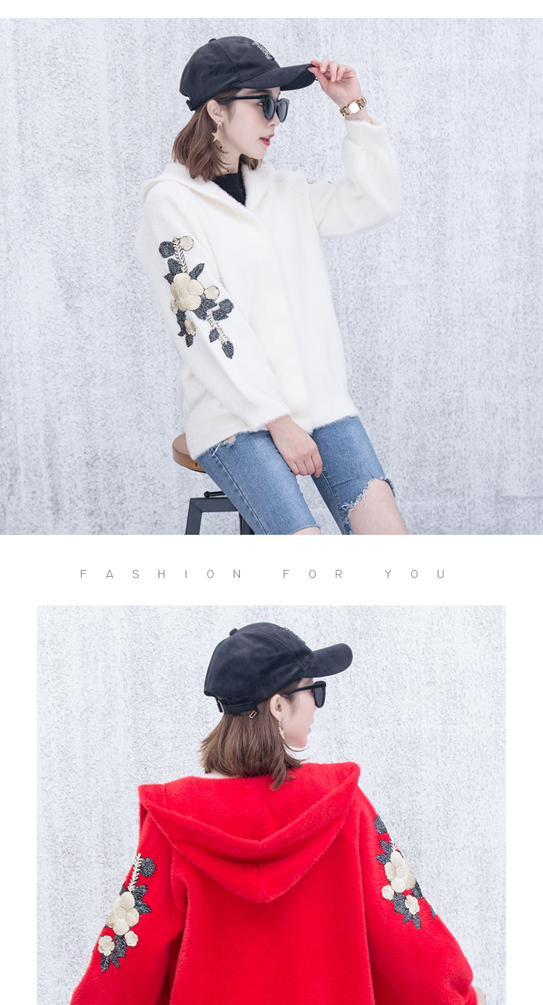 2018 mùa thu và mùa đông mới nước mink coat nữ ngắn trùm đầu áo len dày lỏng thêu nhung knit cardigan thoi trang nu