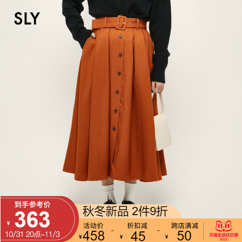 SLY autumn new retro high waist belt A-word mid-length skirt female 038EAL31-7350
