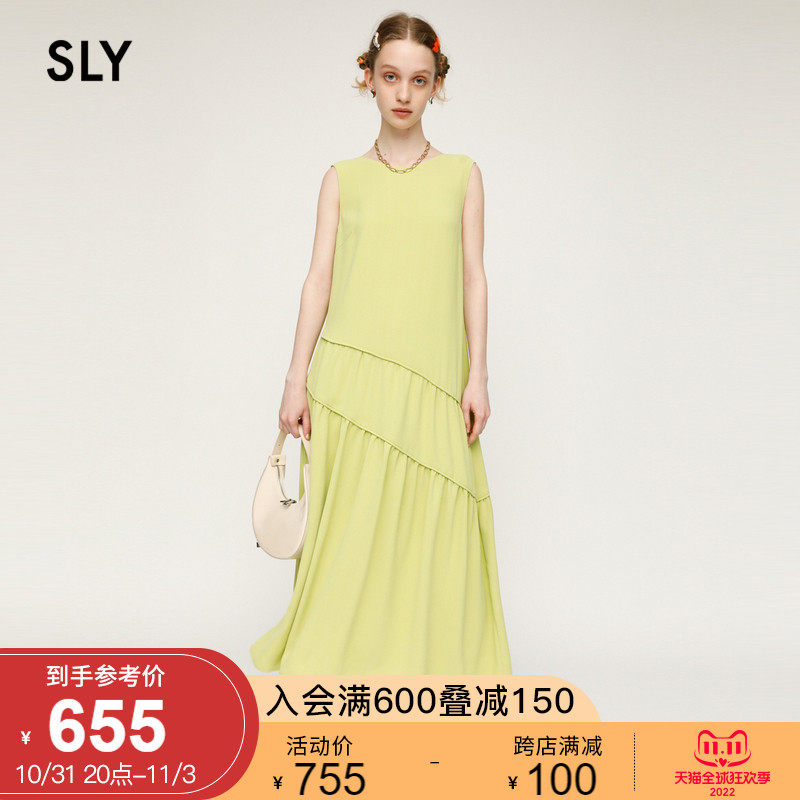 SLY 2022 autumn new back zipper oblique frill design sleeveless dress female 030FSY33-4590