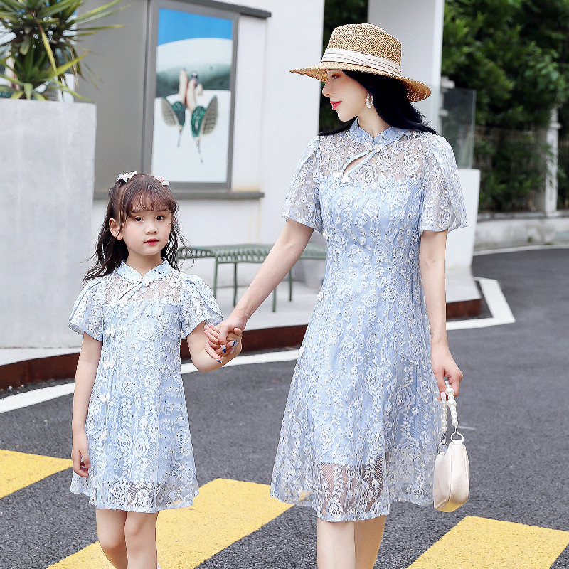 Parent-child dress summer dress ethnic style 2021 new trendy improved cheongsam skirt mother women's lace skirt western style