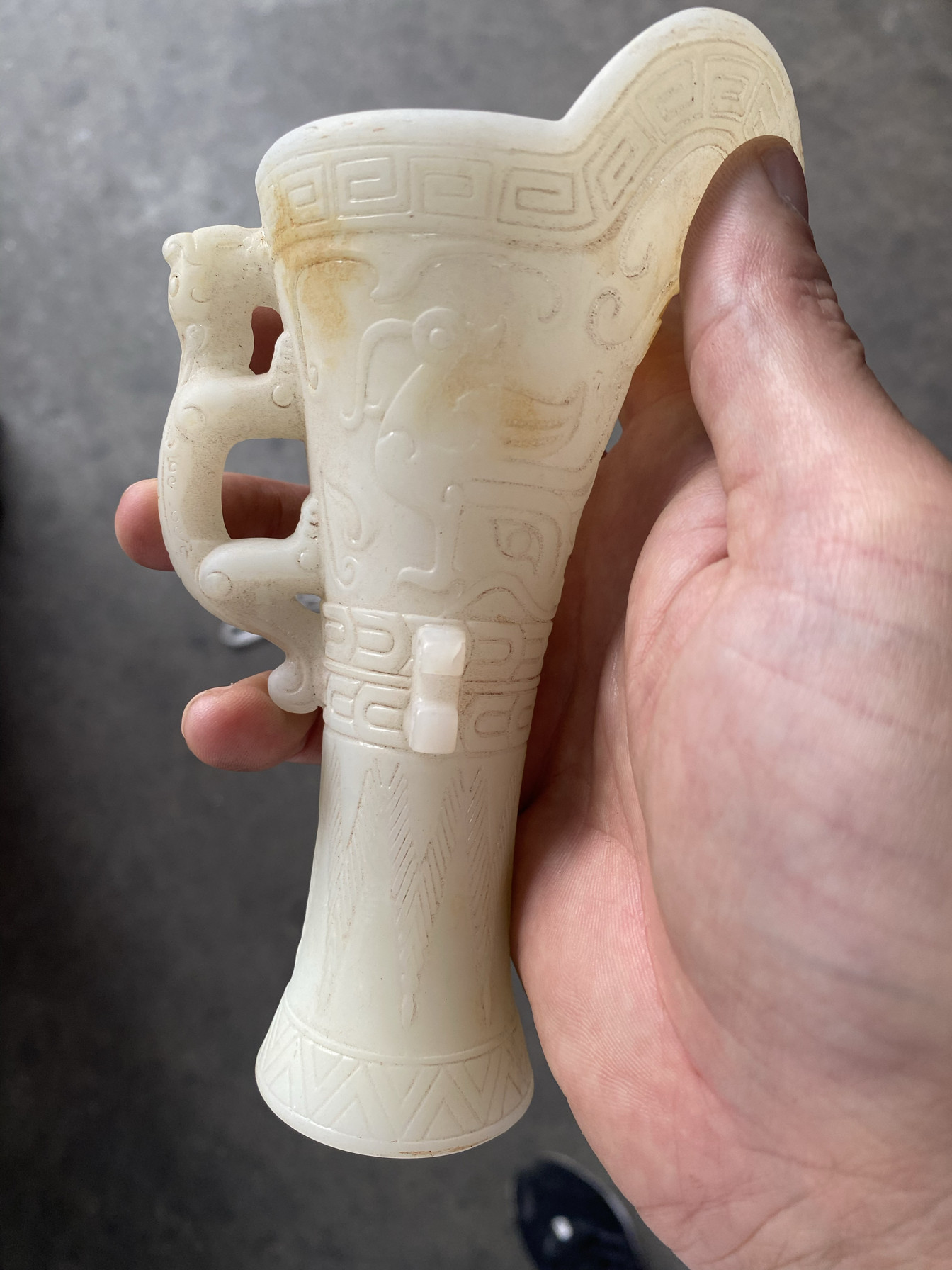 夢工房】中国 白砡 龍耳付 杯 盃 白玉 酒器 唐物 155g