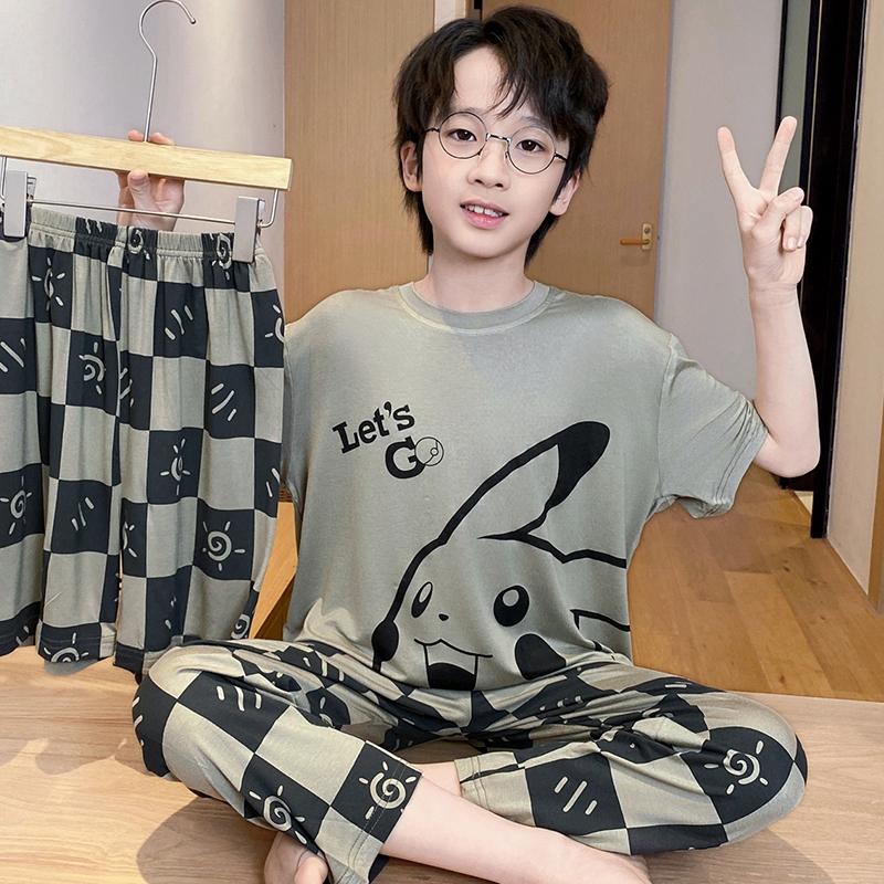 2026 New Children's Modal Pajamas for Boys, Summer Thin Short-Sleeved Three-Piece Set, Boys' Home Wear for Older Children 2026 New Children's Modal Pajamas for Boys, Summer Thin Short-Sleeved Three-Piece Set, Boys' Home Wear for Older Children