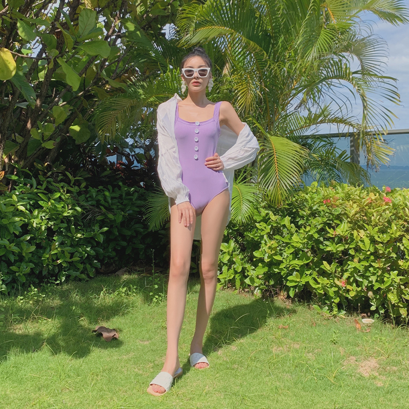 Europe and the United States ins wind swimsuit purple beach holiday one-piece knitted thin belly hot spring net red girl swimsuit women