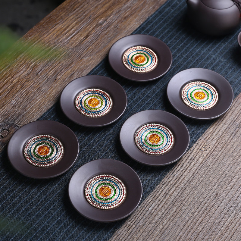 Solid wood cup View Tay Blue Enamel Color Cup Cushion Home Tea Set Electric Wood Round Cups Cushion Heat Insulation Mat Day Style Tea Tract Accessories