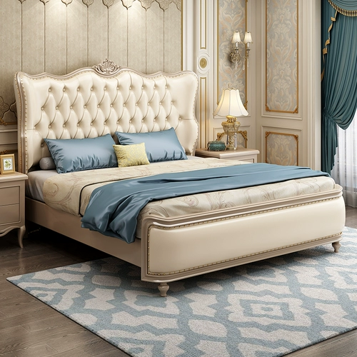 Американская легкая роскошная кровать с твердым деревом французская 1,8 м Современная минималистская кожаная двойная европейская спальня 2 × 2,2 метра кожаная кровать