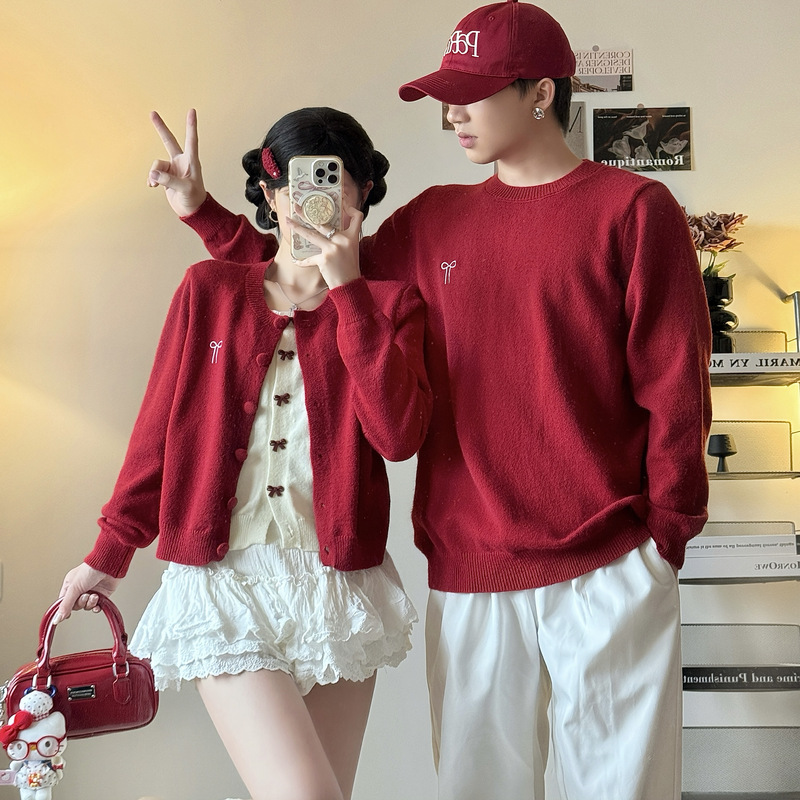 Couple's Clothing Autumn and Winter Korean Style Christmas and New Year Red Bow Fake Two-Piece Knitted Cardigan Sweater Jacket for Women