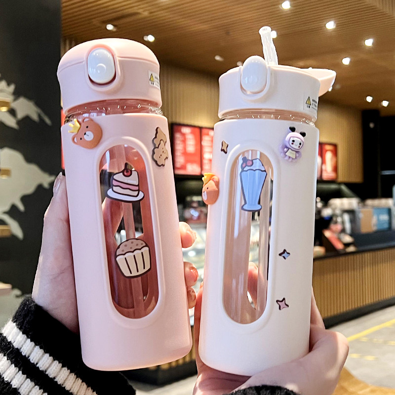 High face value water glass woman cute with straw student anti-fall and high temperature resistant glass cup straw cup Children's cup portable