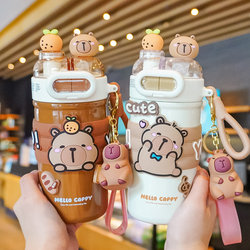 Kapibala Children's Straw Insulated Cup for Girls, Kindergarten 316 Stainless Steel Double Drinking Cup, Student Cross-Body Cup