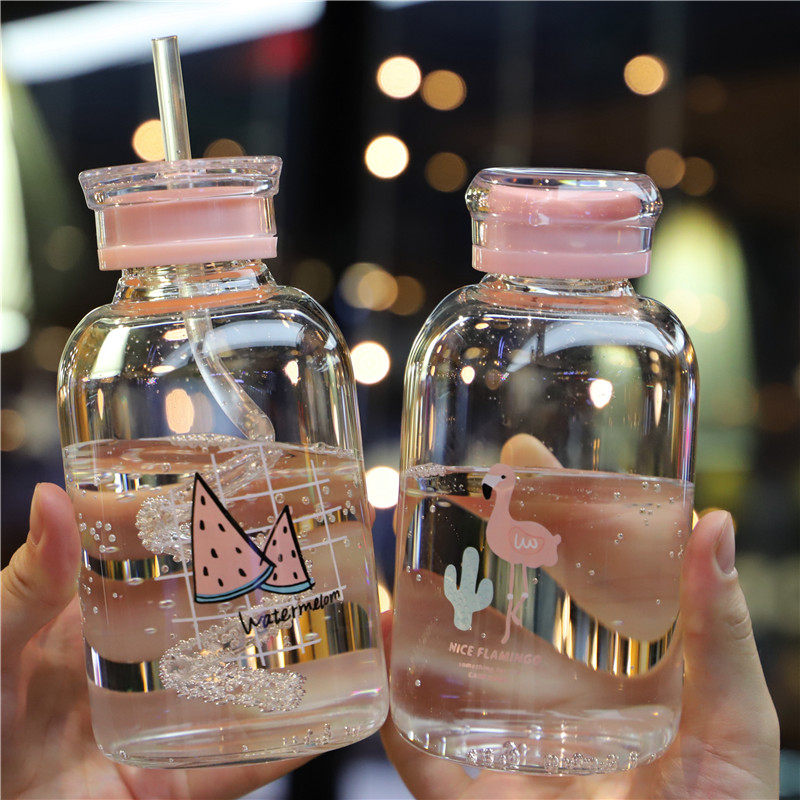 Water glass schoolgirl Korean mug glass art small fresh water cup cute straw cup thermal insulation anti-bronzed glass cup